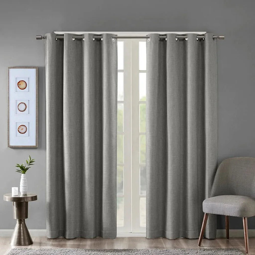 Blackout Curtain Panel Printed Heathered Polyester Grey Grommet Top Media 1