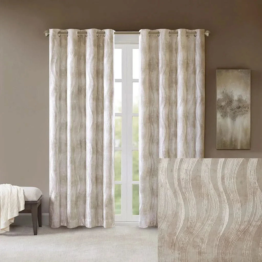 Blackout Curtain Panel Polyester Grommet Top Jacquard Wavy Design Media 1
