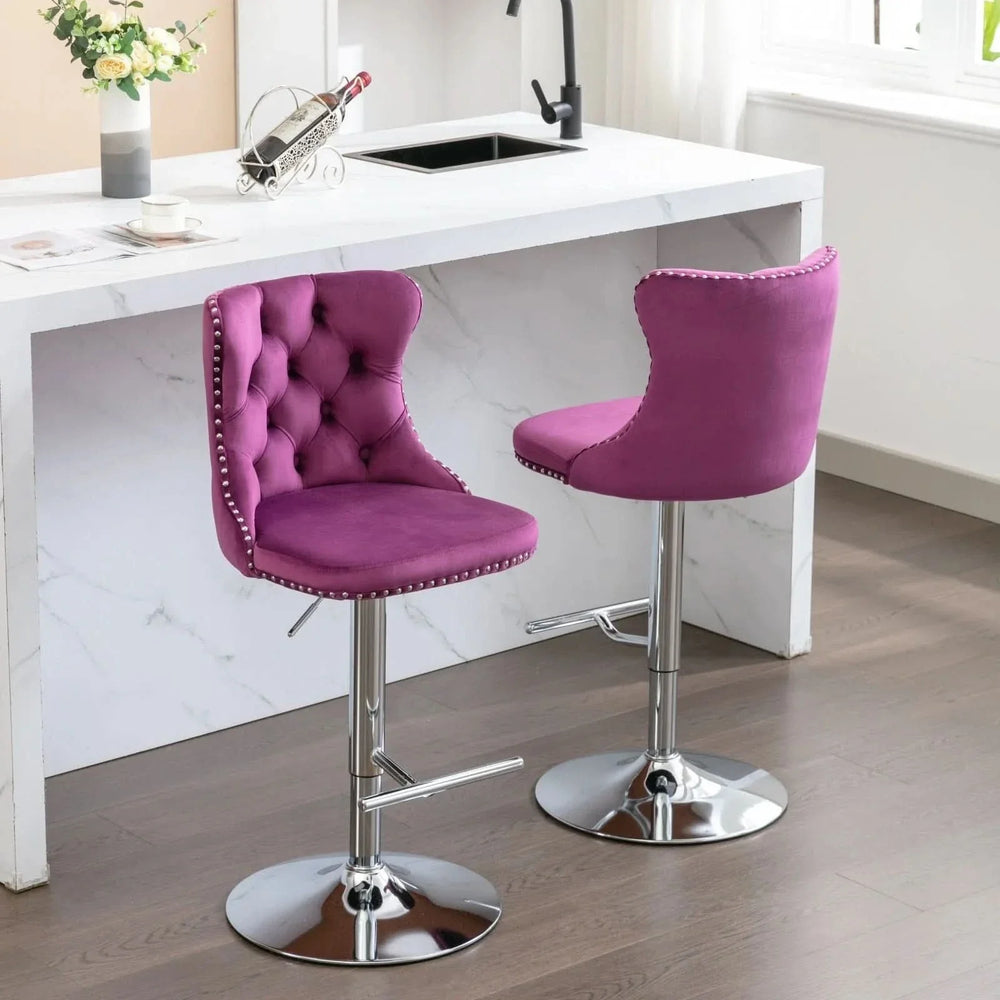 Purple Velvet Bar Stool Swivel Adjustable Height Chrome Base Set of 2 Media 19