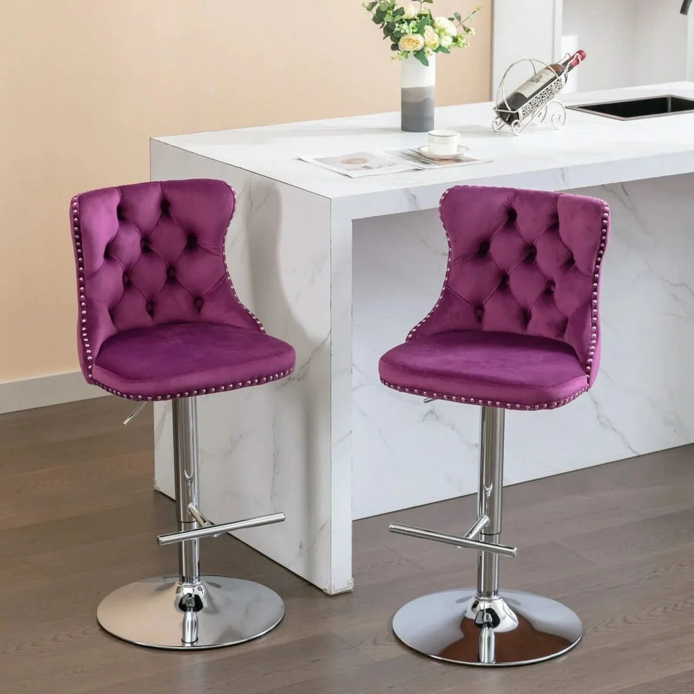 Purple Velvet Bar Stool Swivel Adjustable Height Chrome Base Set of 2 Media 16