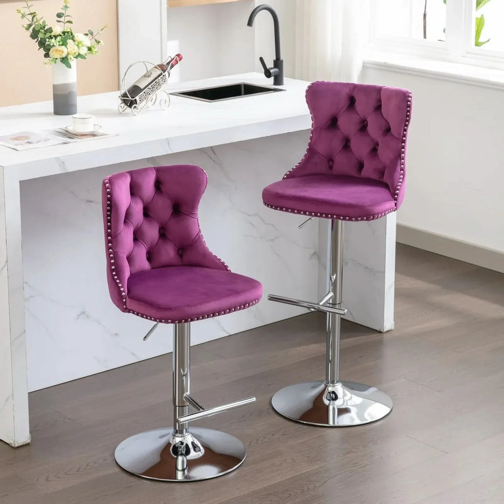 Purple Velvet Bar Stool Swivel Adjustable Height Chrome Base Set of 2 Media 15