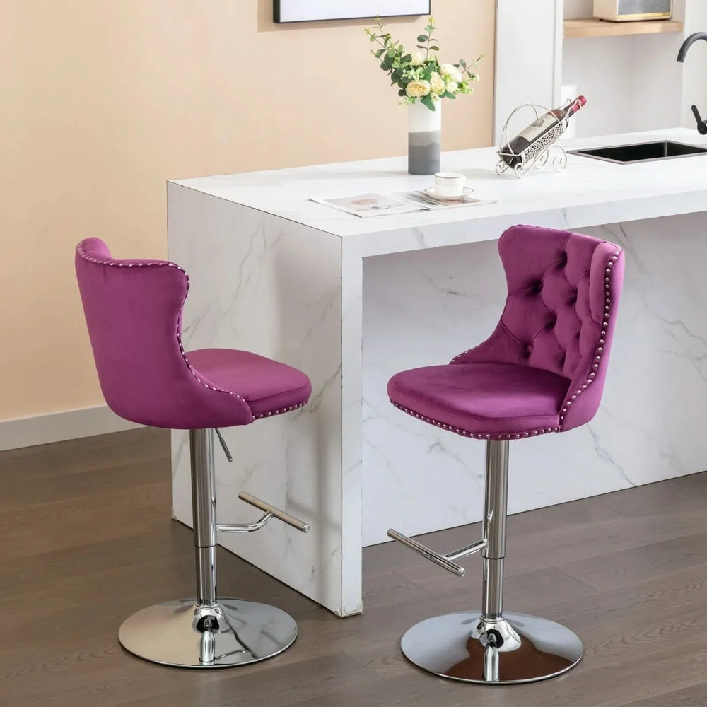 Purple Velvet Bar Stool Swivel Adjustable Height Chrome Base Set of 2 Media 17