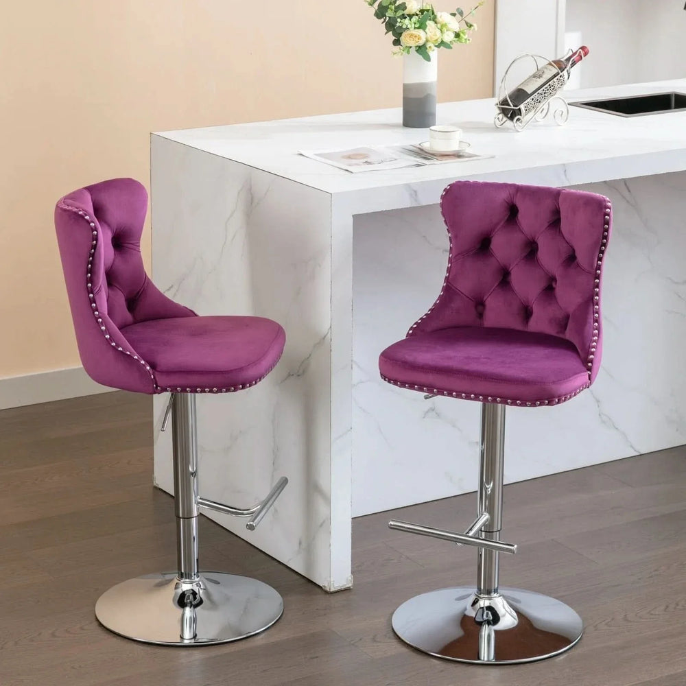 Purple Velvet Bar Stool Swivel Adjustable Height Chrome Base Set of 2 Media 18