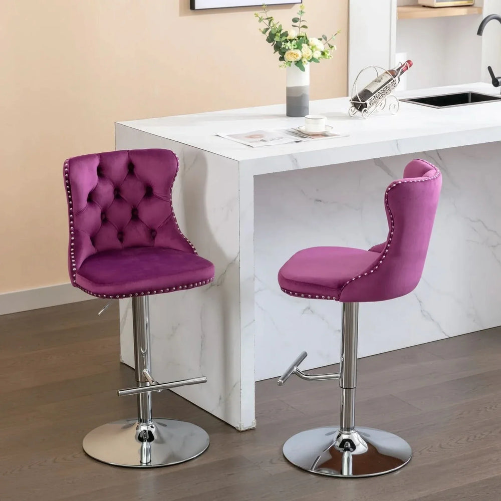 Purple Velvet Bar Stool Swivel Adjustable Height Chrome Base Set of 2 Media 20