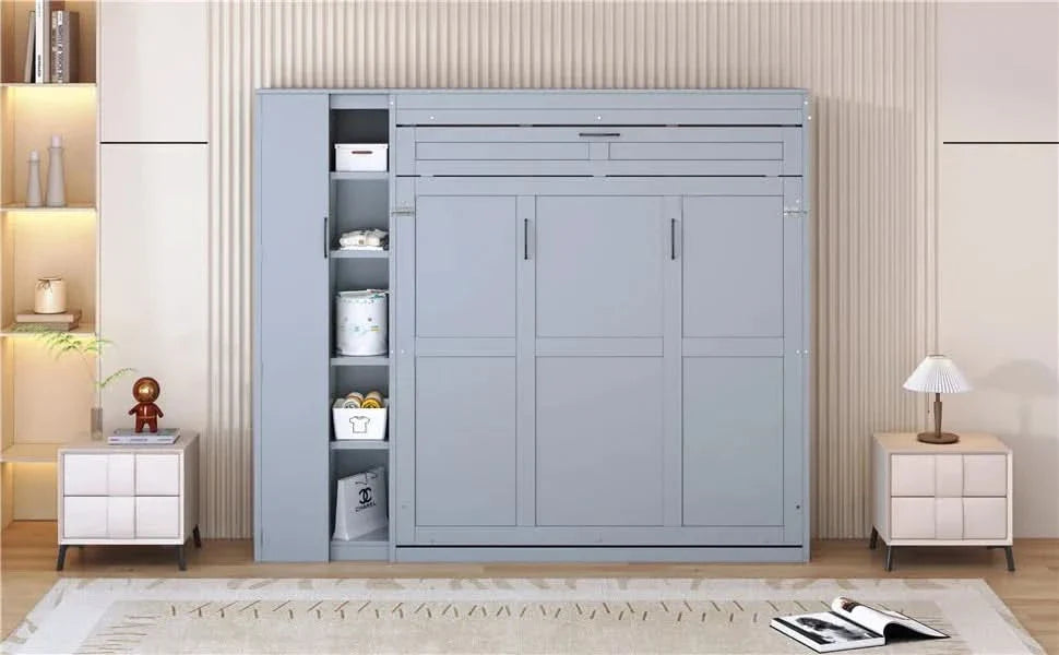 Murphy Bed Gray With Shelves Wardrobe And LED Lights Queen Size Modern Media 19