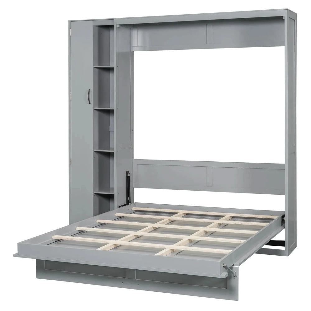 Murphy Bed Gray With Shelves Wardrobe And LED Lights Queen Size Modern Media 17