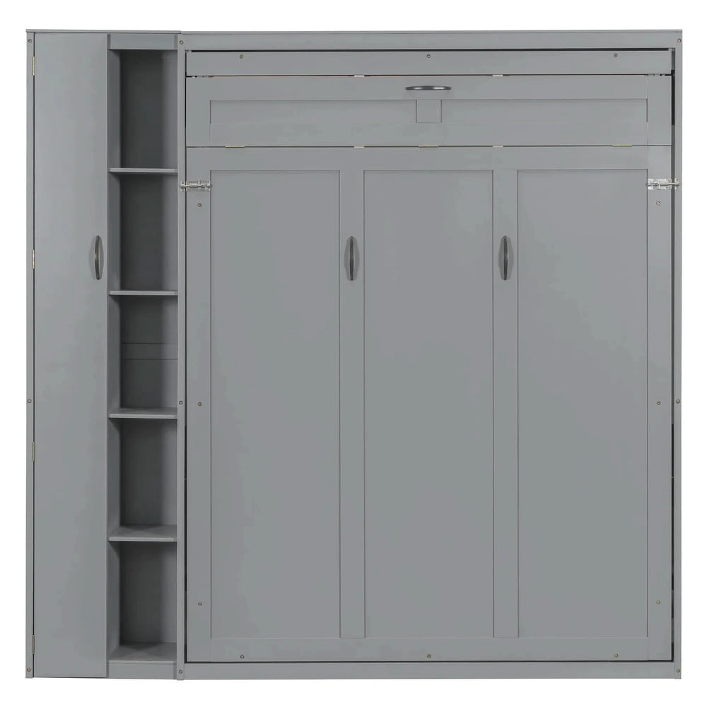 Queen Size Murphy Bed Wall Bed with Shelves, Wardrobe and LED Lights,Gray - DTY Store