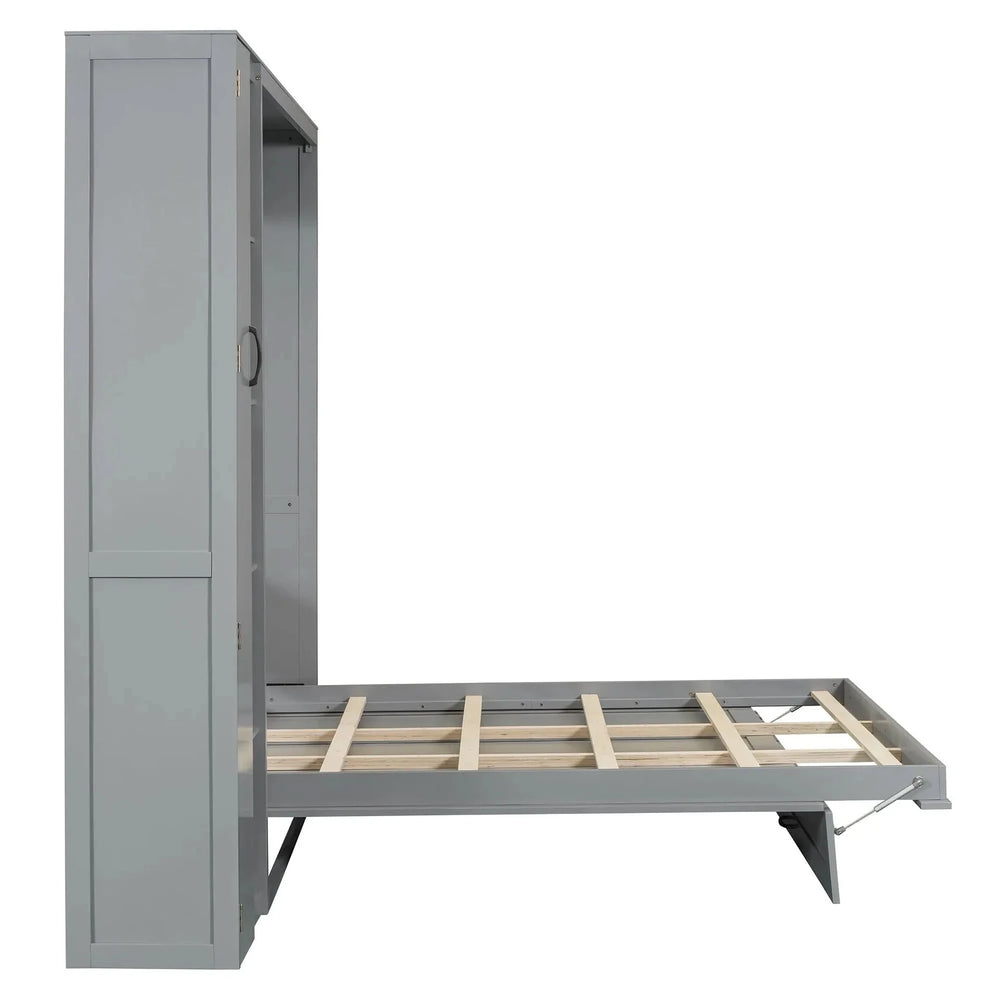 Murphy Bed Gray With Shelves Wardrobe And LED Lights Queen Size Modern Media 13