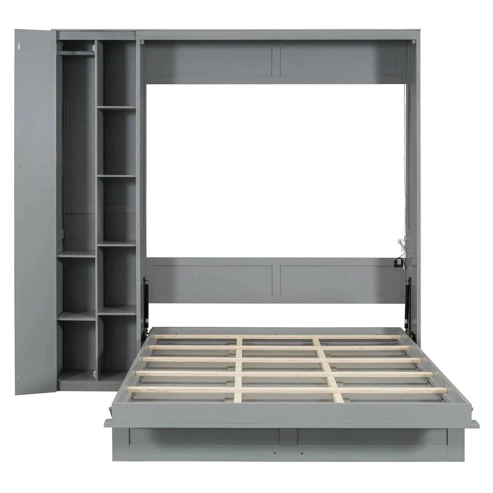Murphy Bed Gray With Shelves Wardrobe And LED Lights Queen Size Modern Media 8