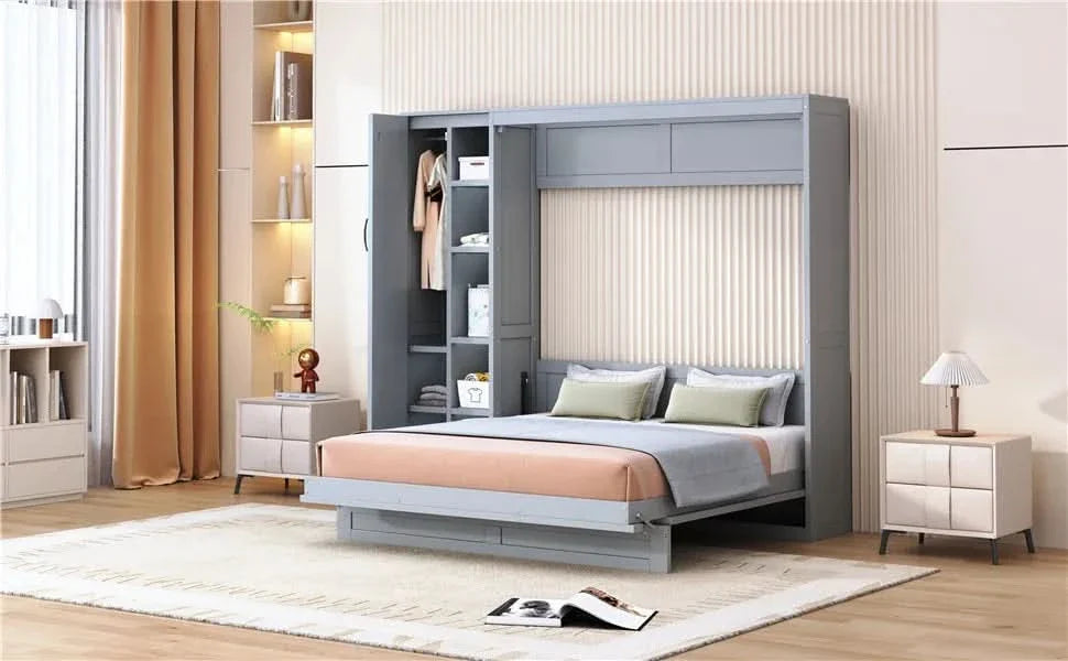 Murphy Bed Gray With Shelves Wardrobe And LED Lights Queen Size Modern Media 20