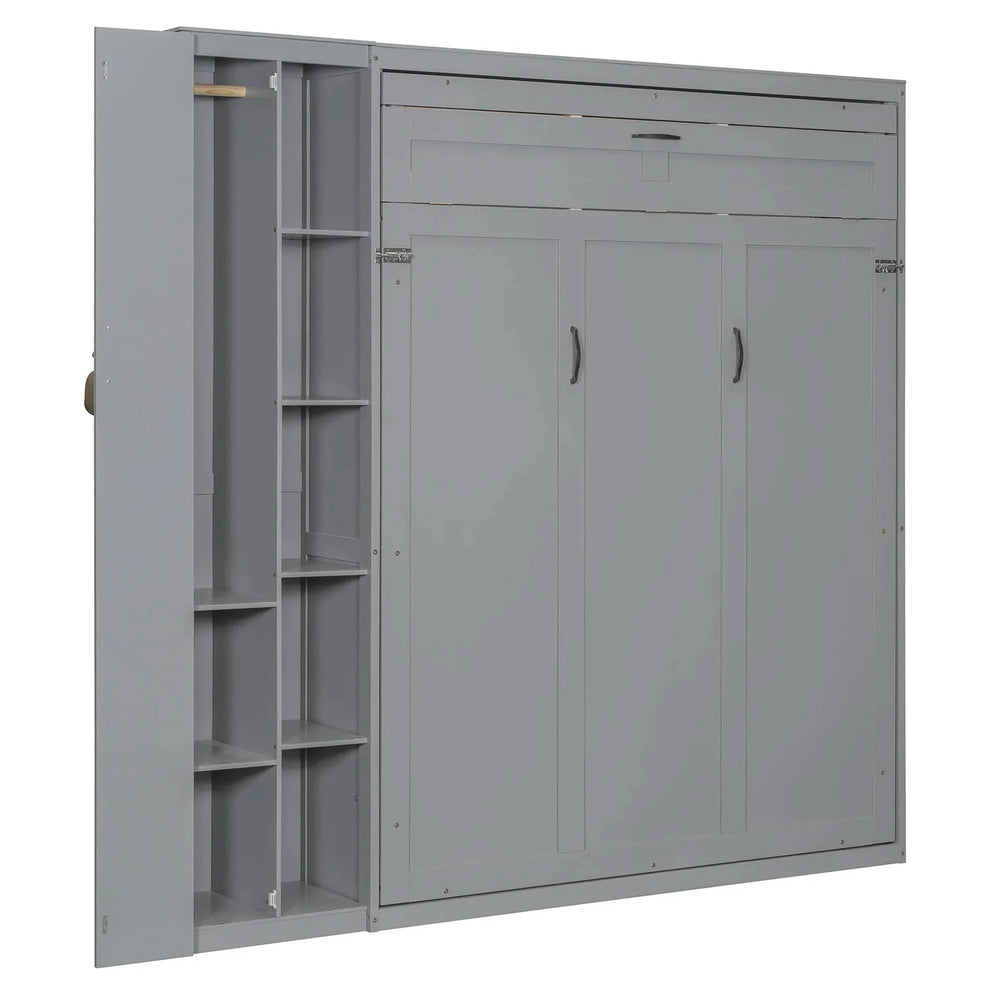 Murphy Bed Gray With Shelves Wardrobe And LED Lights Queen Size Modern Media 6