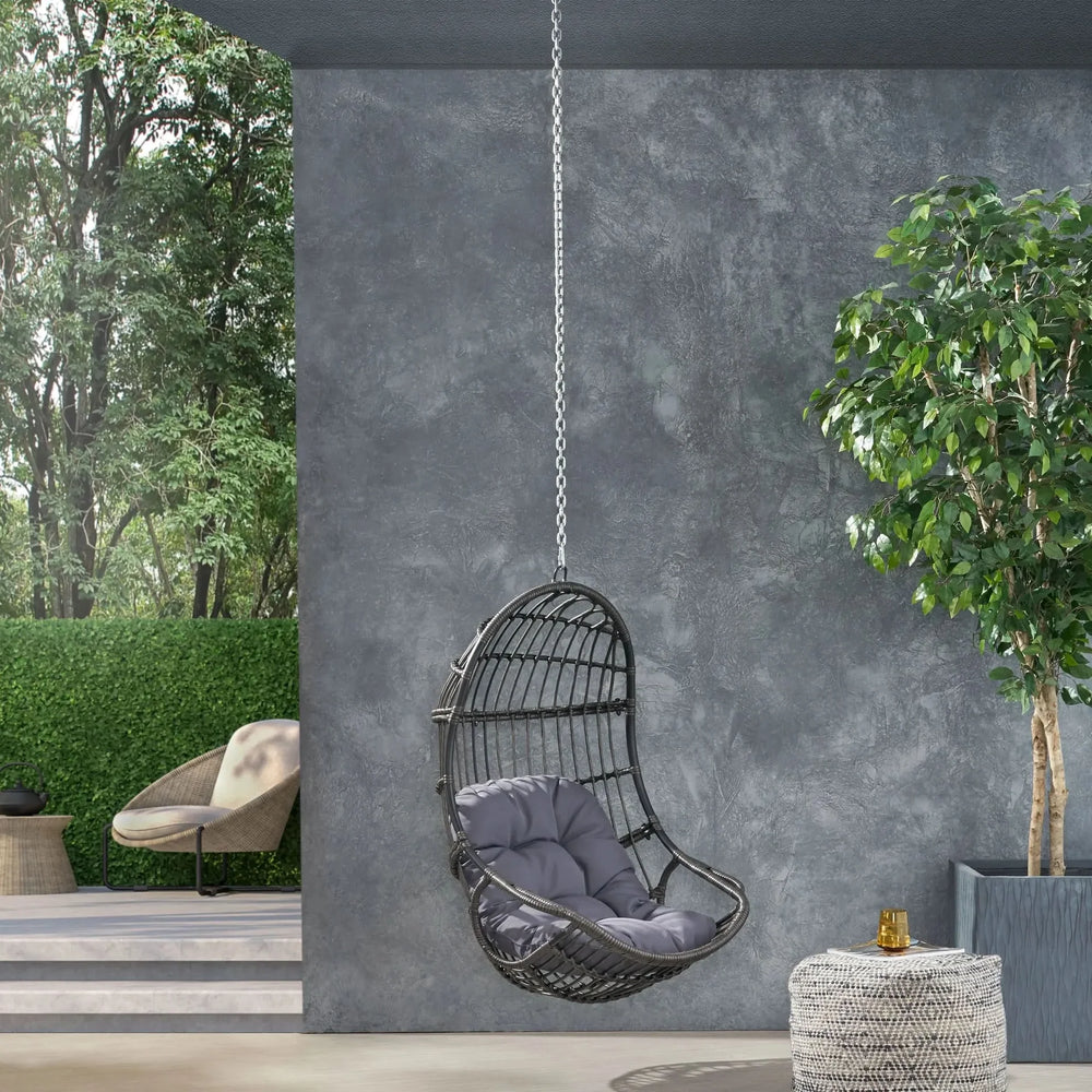 Hanging Chair Gray Wicker Cushion For Indoor & Outdoor Use Patio Lounge Media 4