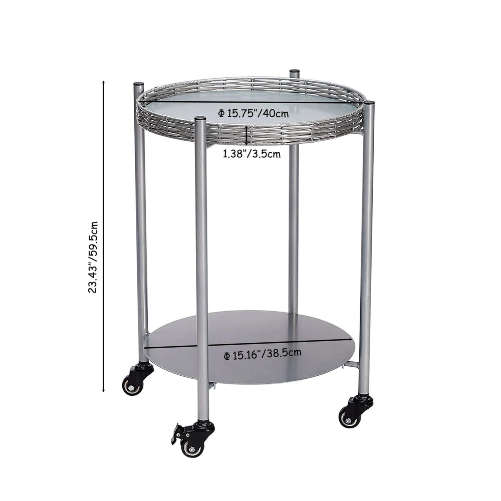 Round Coffee Table Metal 2-Tier On Wheels & Silver Finish For Living Room Media 7