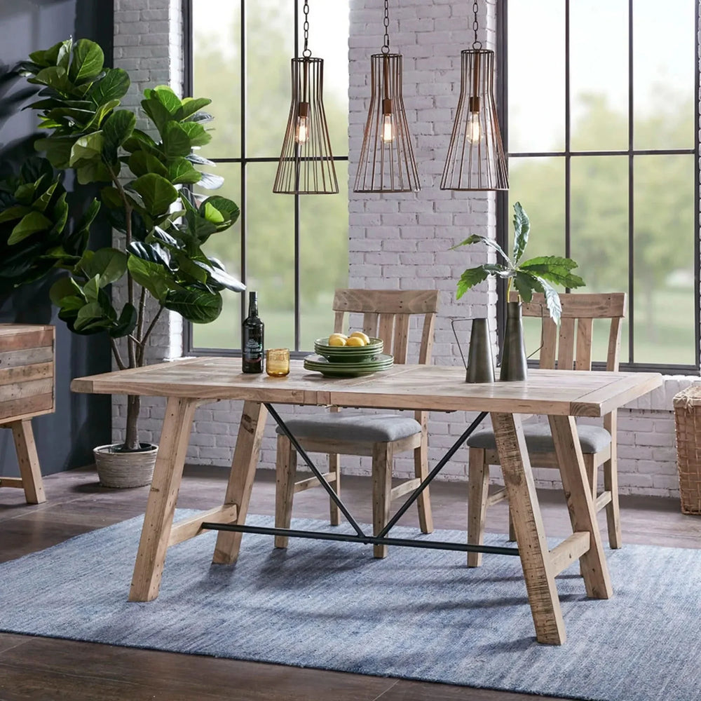 Dining Table Solid Wood Pine Natural Finish Rustic Metal Support Base Media 2