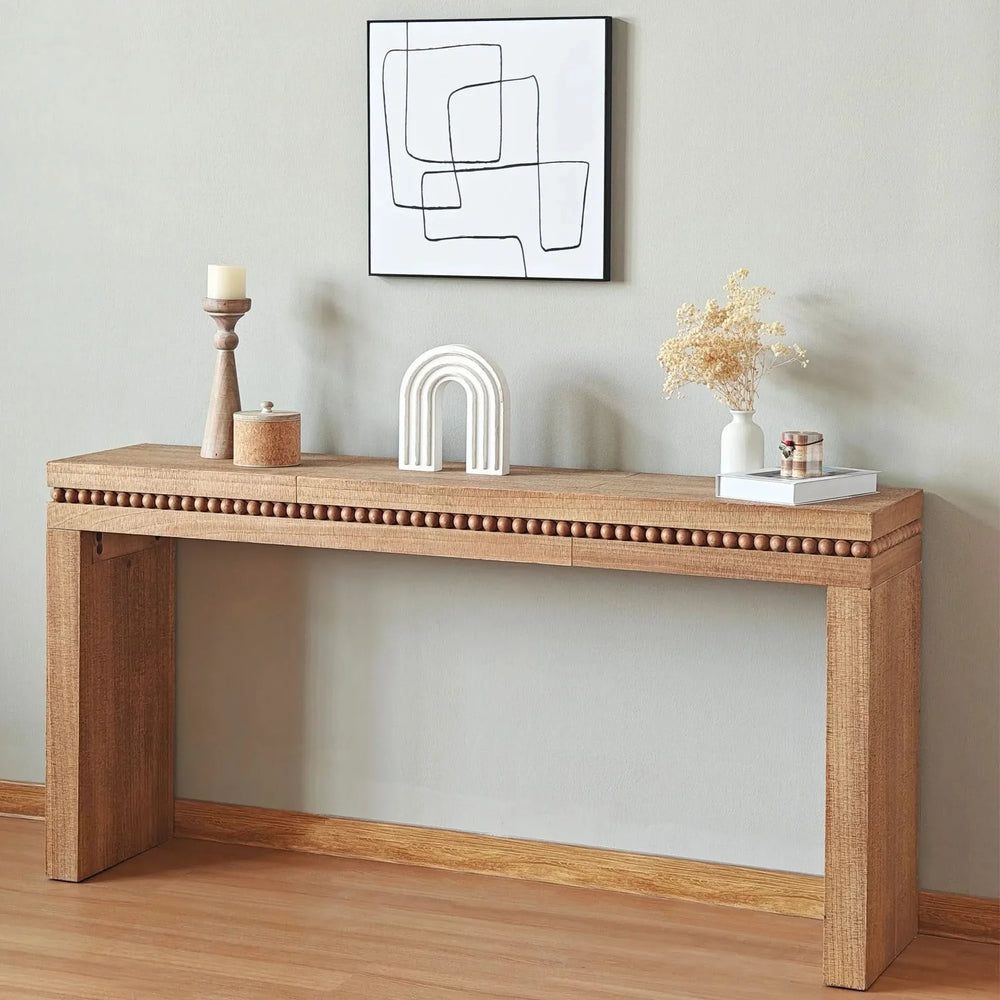 Console Table Wood Beaded Accent Antique Natural Finish Rustic Living Room Media 5