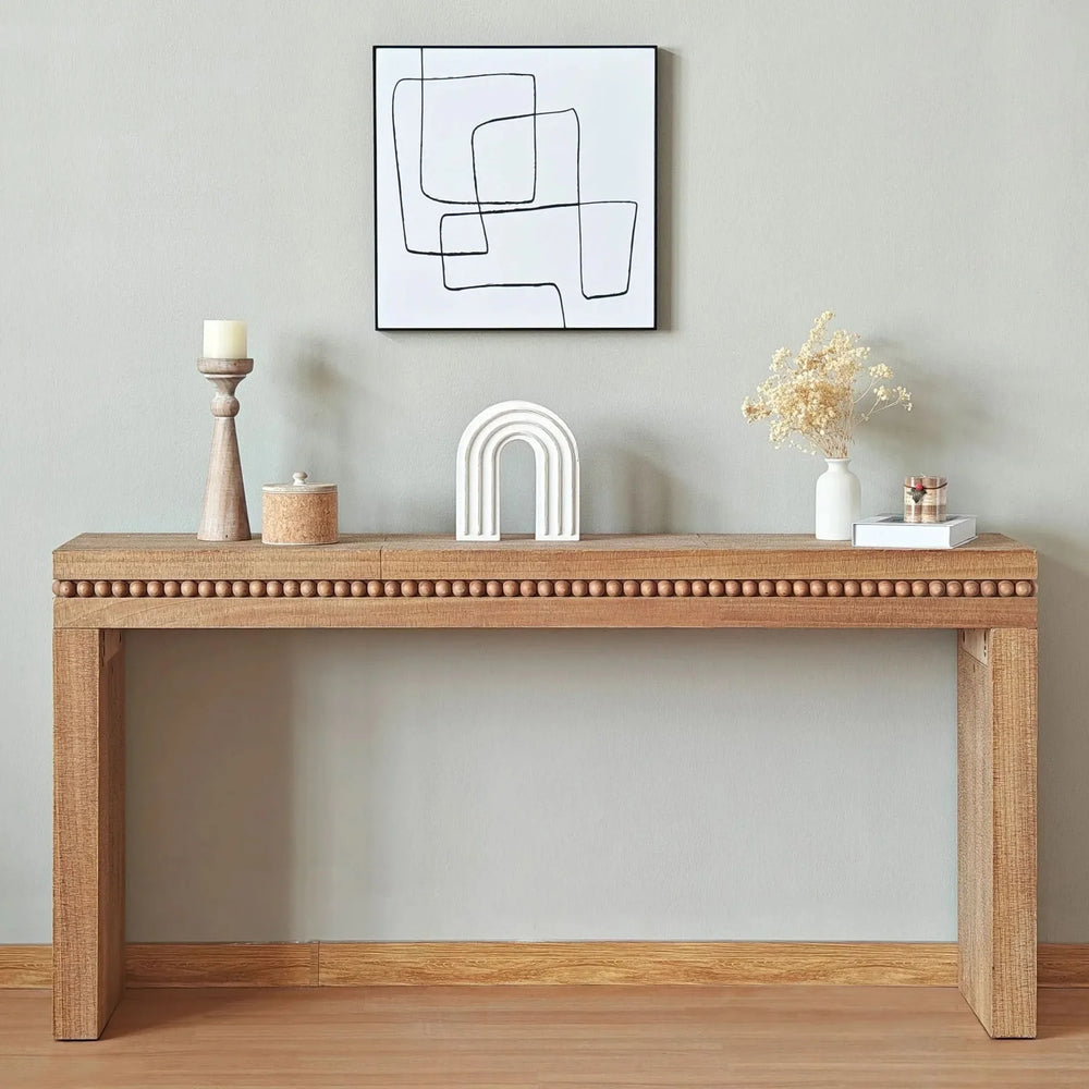 Console Table Wood Beaded Accent Antique Natural Finish Rustic Living Room Media 3