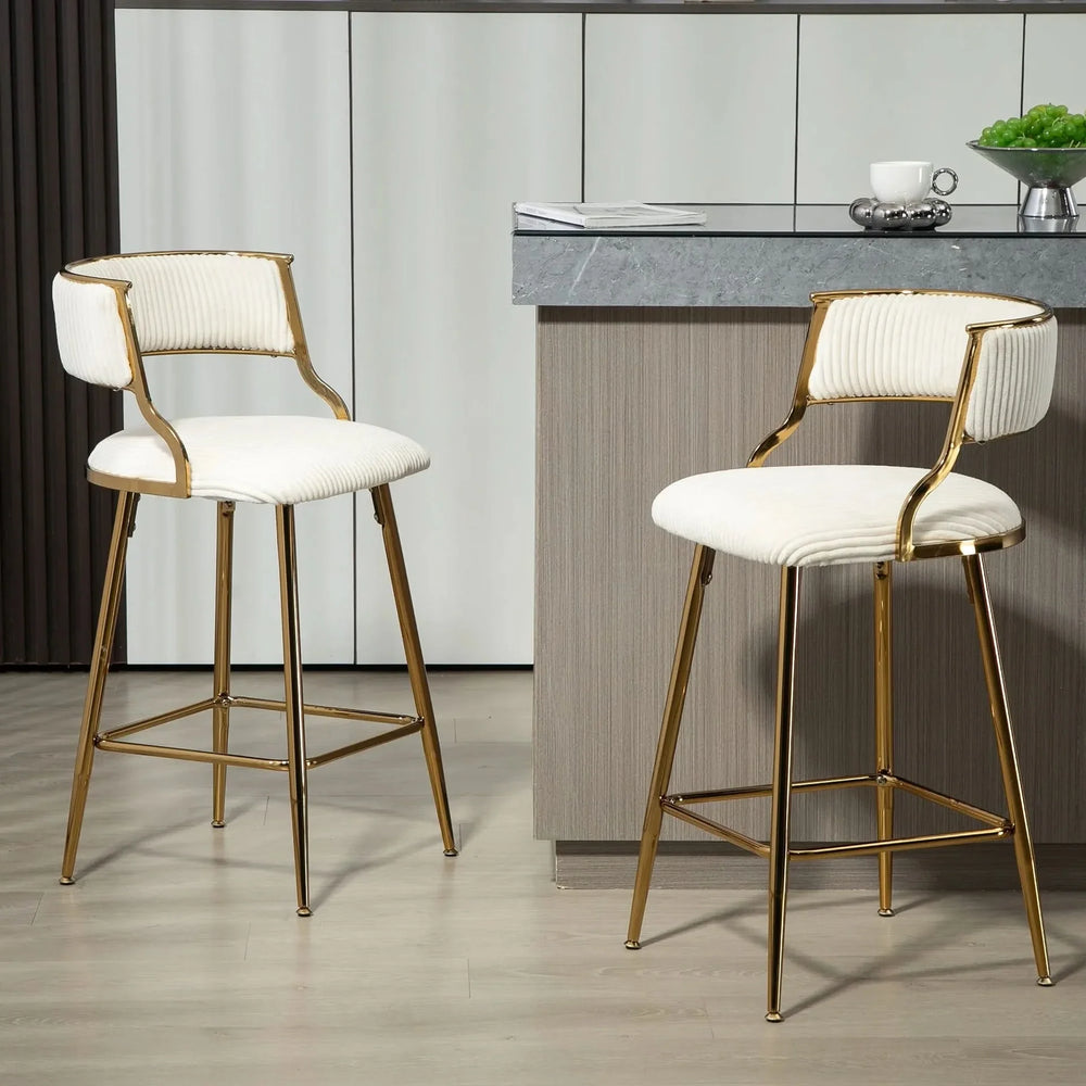 (SET of 2) 26'' Counter height bar stools Corduroy kitchen island counter bar stool with back,golden chromed base and footrest (BEIGE) Default -DTYStore Default   DTYStore