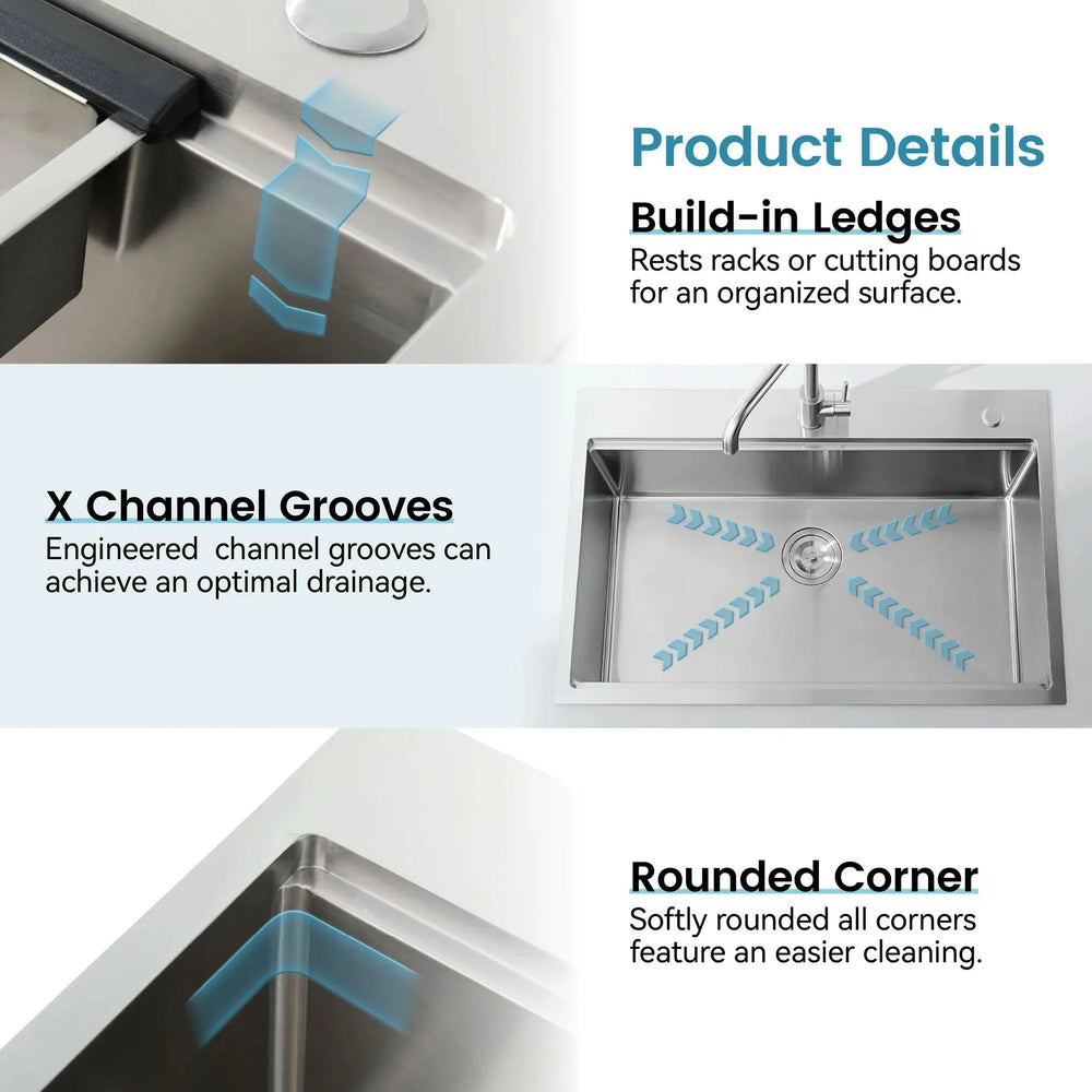 Stainless Steel Kitchen Sink Brushed Finish Top Mount 33x22 With Cutting Board Media 7
