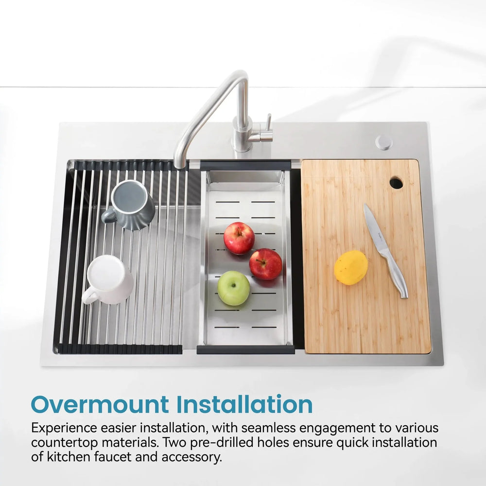 Stainless Steel Kitchen Sink Brushed Finish Top Mount 33x22 With Cutting Board Media 5