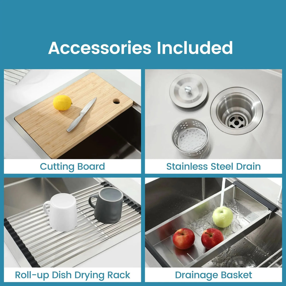 Stainless Steel Kitchen Sink Brushed Finish Top Mount 33x22 With Cutting Board Media 6
