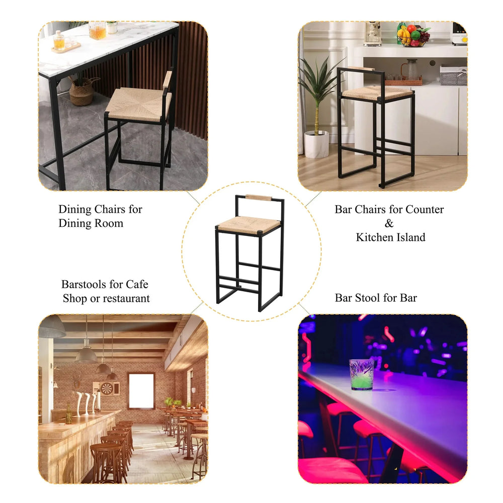 Bar Stools Paper Rope Seat Backrest Set 2 Natural Metal Frame For Kitchen Media 9