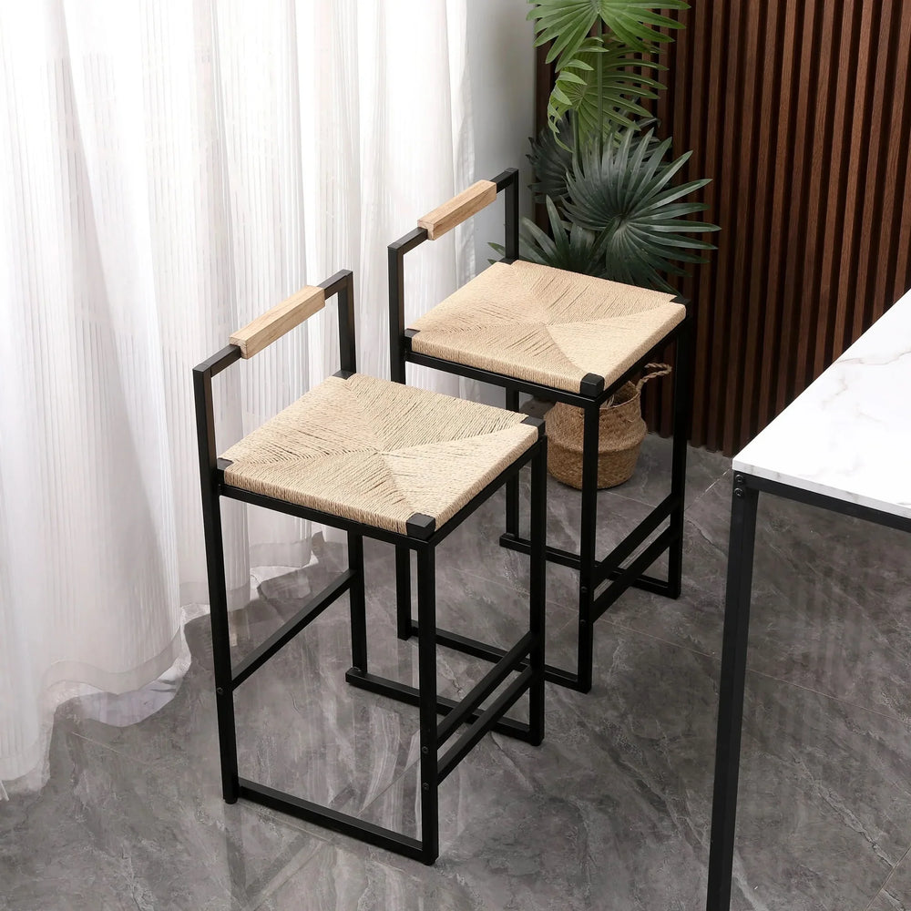 Bar Stools Paper Rope Seat Backrest Set 2 Natural Metal Frame For Kitchen Media 2
