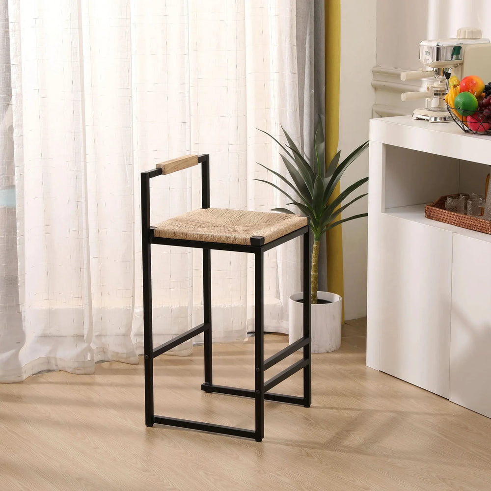 Bar Stools Paper Rope Seat Backrest Set 2 Natural Metal Frame For Kitchen Media 5