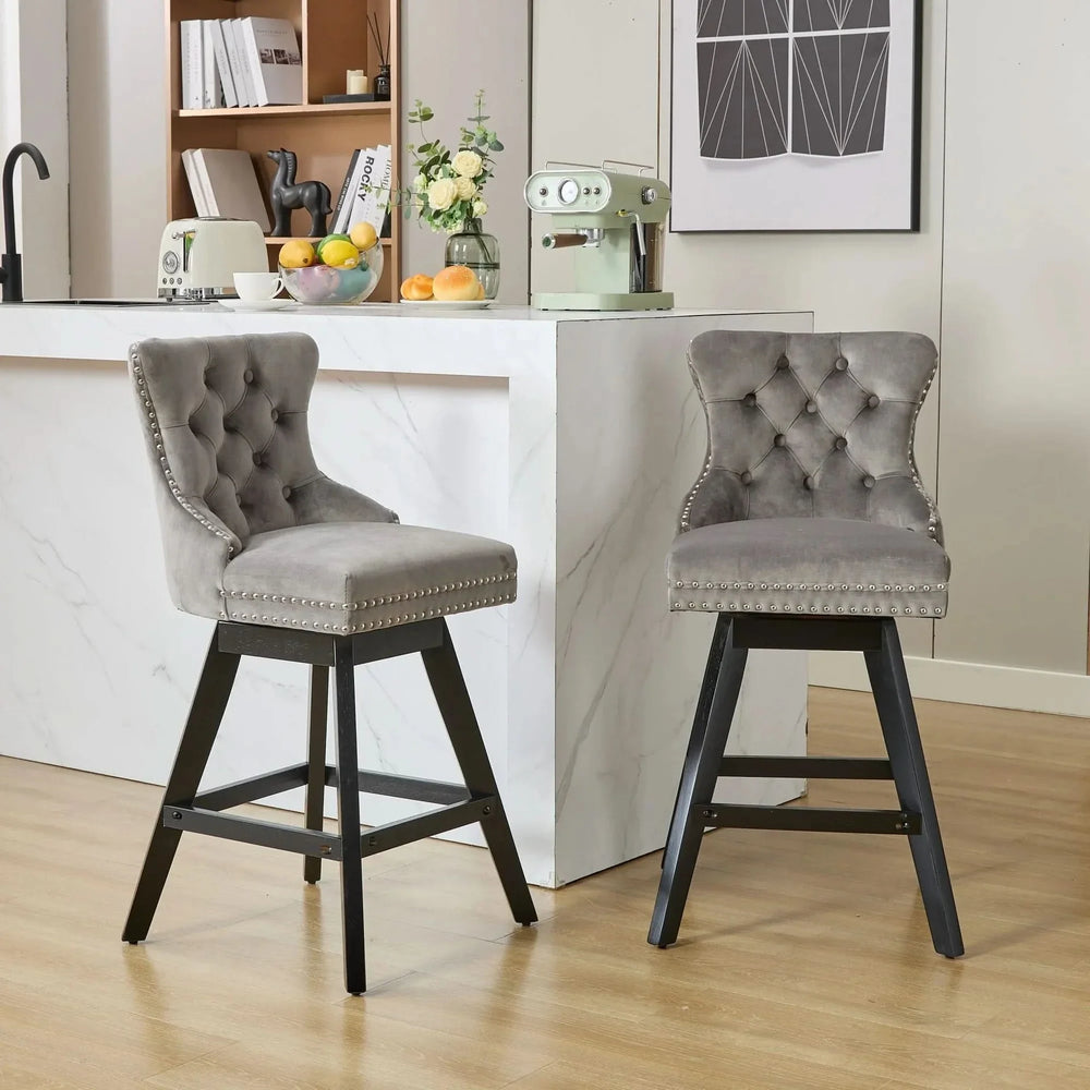 Bar Stools Velvet Swivel Tufted Chairs Gray With Wooden Legs & Nailhead Trim Media 14
