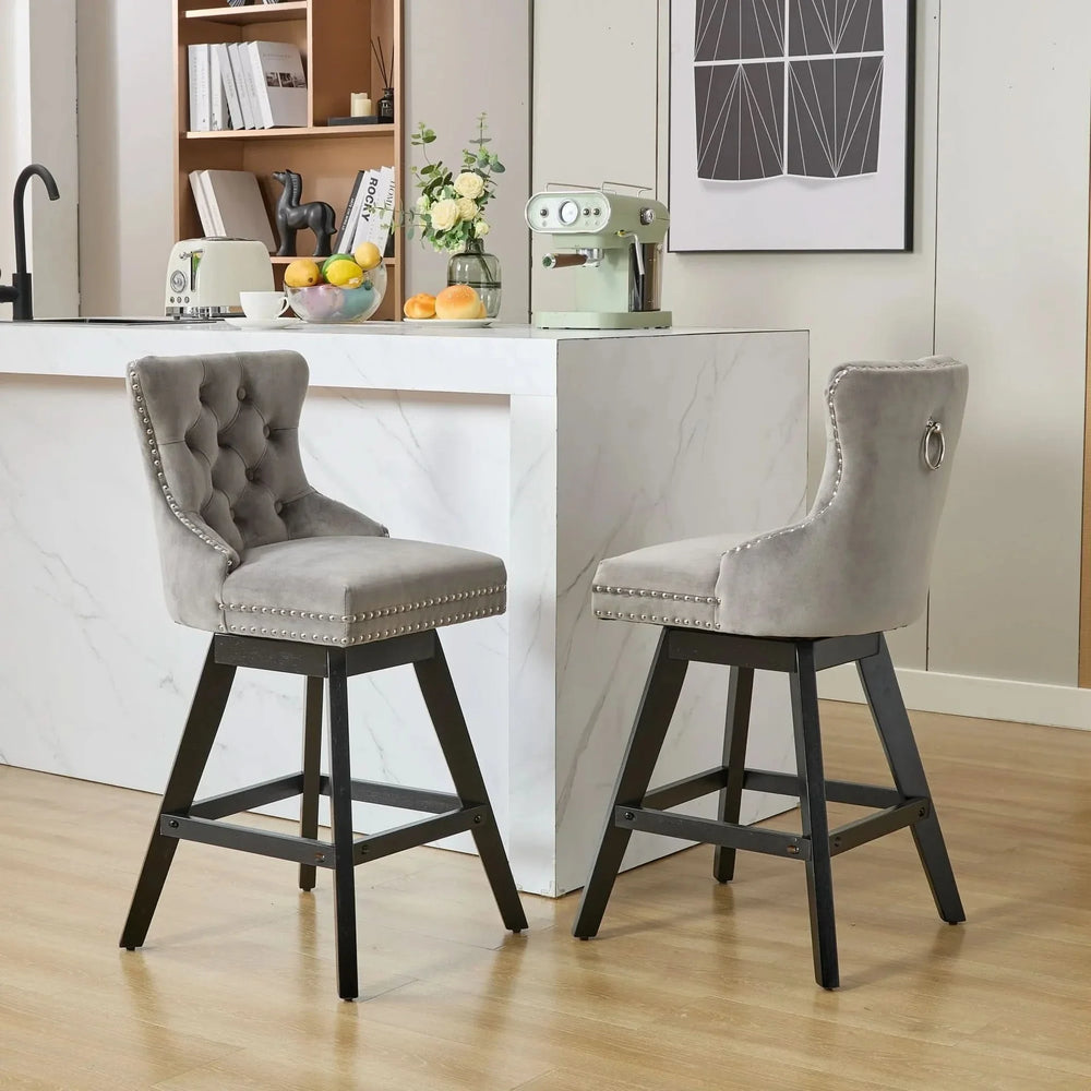 Bar Stools Velvet Swivel Tufted Chairs Gray With Wooden Legs & Nailhead Trim Media 18