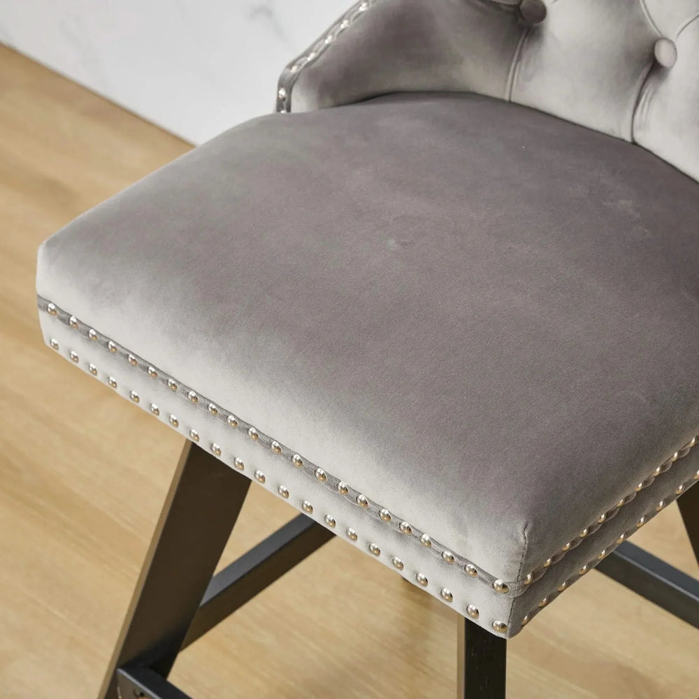 Bar Stools Velvet Swivel Tufted Chairs Gray With Wooden Legs & Nailhead Trim Media 11