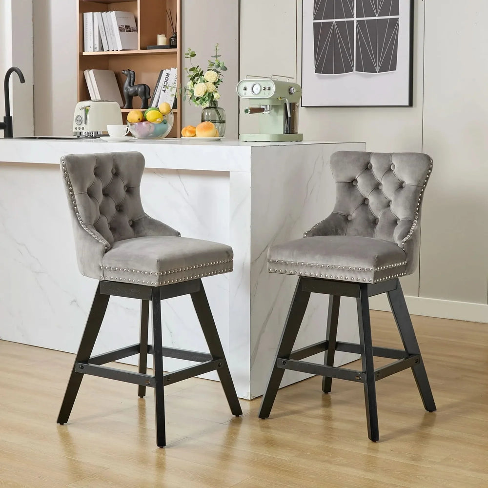Bar Stools Velvet Swivel Tufted Chairs Gray With Wooden Legs & Nailhead Trim Media 19