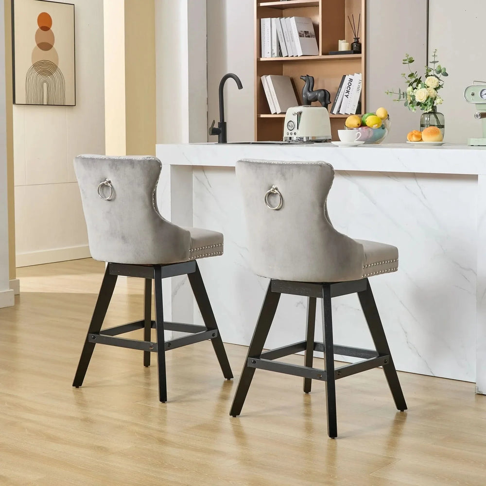 Bar Stools Velvet Swivel Tufted Chairs Gray With Wooden Legs & Nailhead Trim Media 21