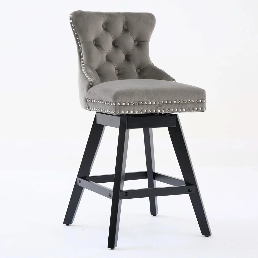 Bar Stools Velvet Swivel Tufted Chairs Gray With Wooden Legs & Nailhead Trim Media 3