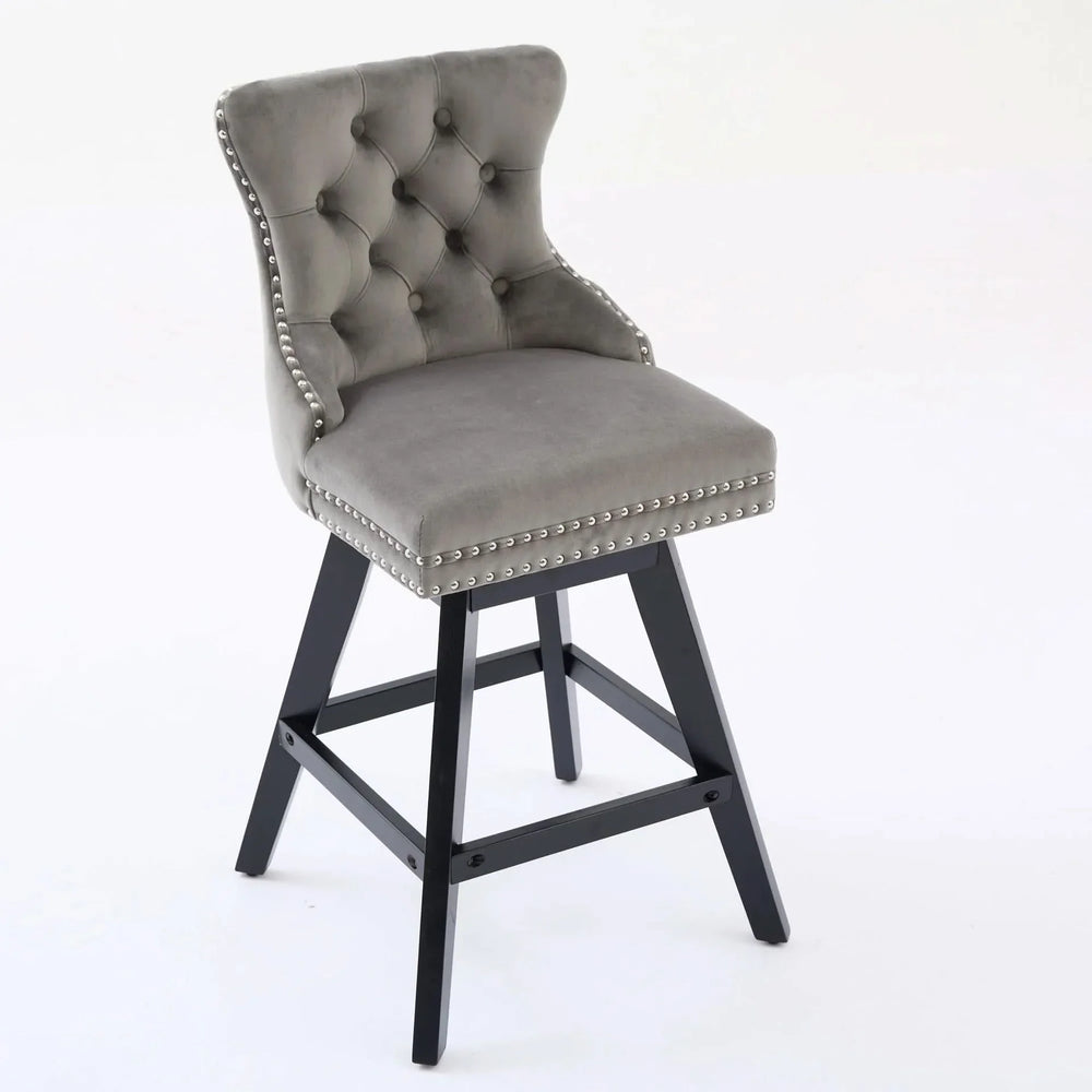 Bar Stools Velvet Swivel Tufted Chairs Gray With Wooden Legs & Nailhead Trim Media 4