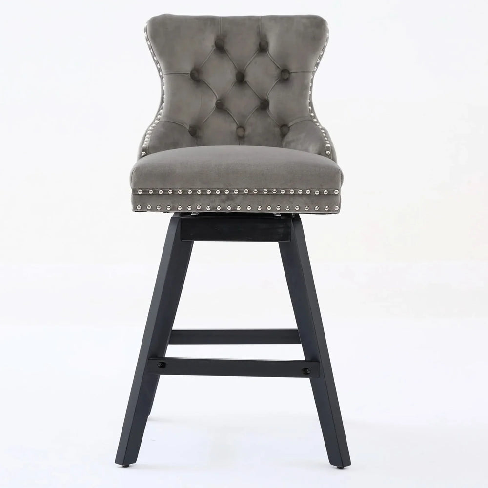 Bar Stools Velvet Swivel Tufted Chairs Gray With Wooden Legs & Nailhead Trim Media 2