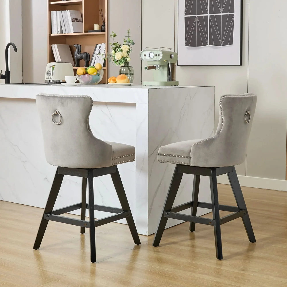 Bar Stools Velvet Swivel Tufted Chairs Gray With Wooden Legs & Nailhead Trim Media 20