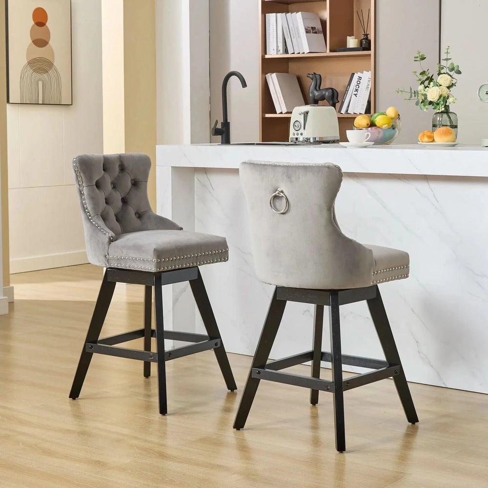 Bar Stools Velvet Swivel Tufted Chairs Gray With Wooden Legs & Nailhead Trim Media 17