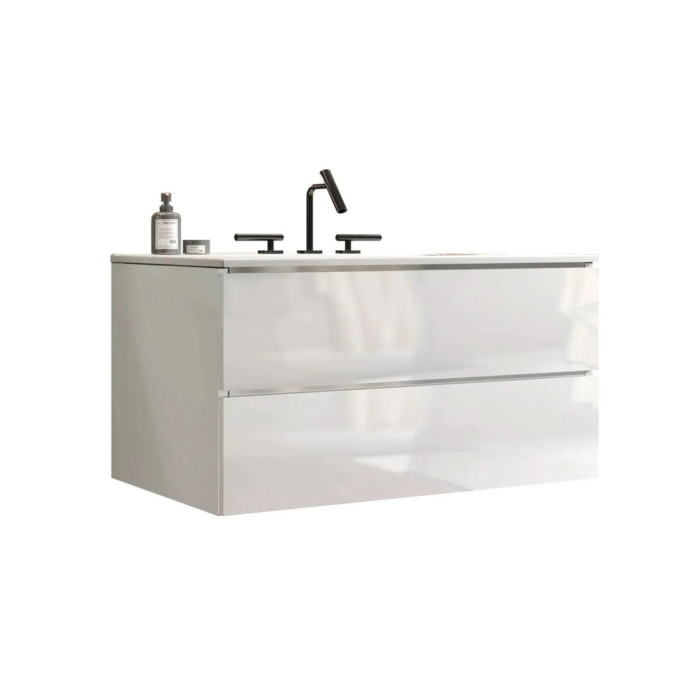 TIA 36' Wall Mount Glossy White Bathroom Vanity with Ceramic Sink with Three Faucet Holes, Large Storage Floating Bathroom Vanity for Modern Bathroom, Pre-assembled - DTY Store
