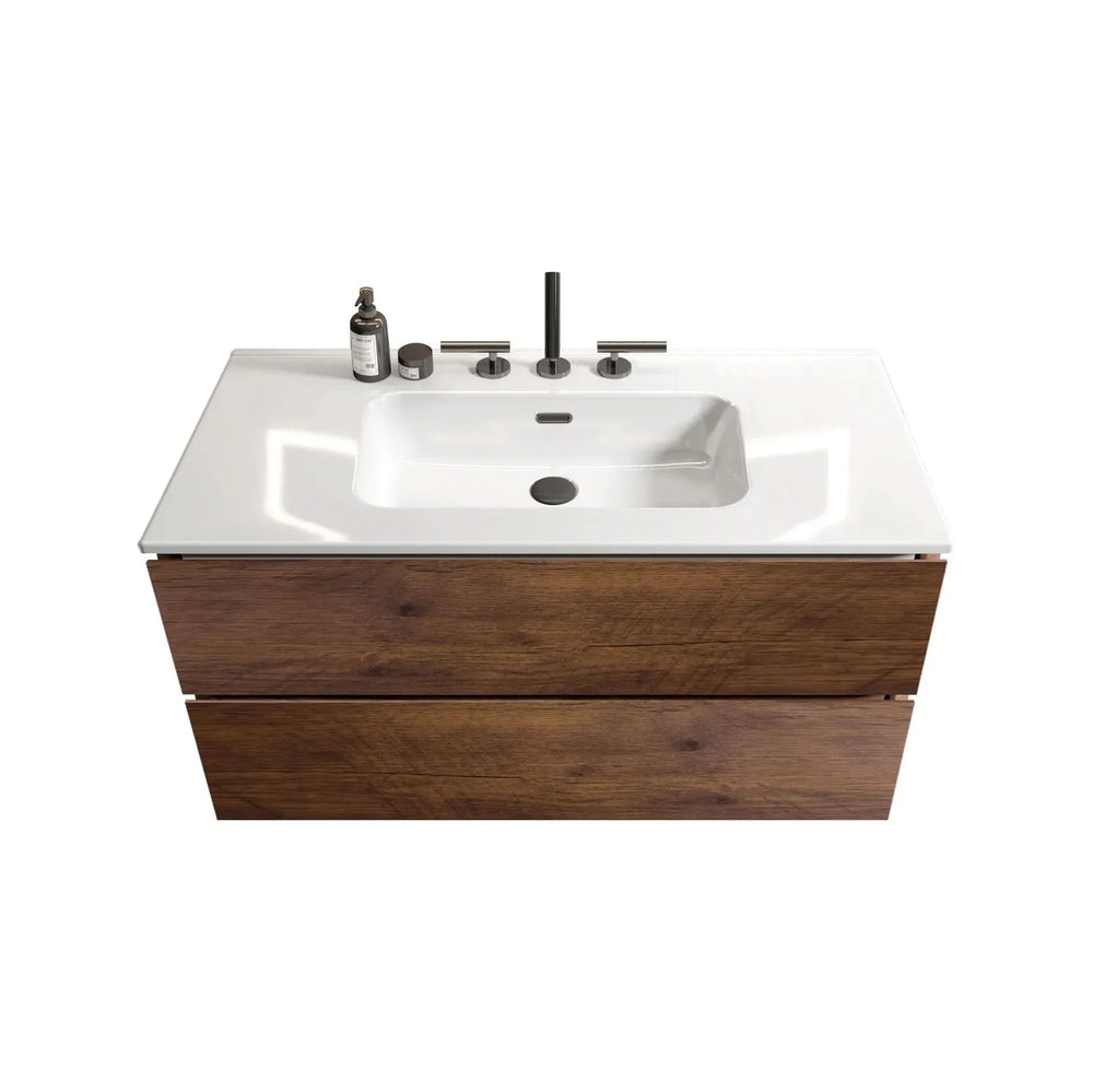 Wall Mount Bathroom Vanity Ceramic Sink Walnut Cabinet Storage Floating Media 3