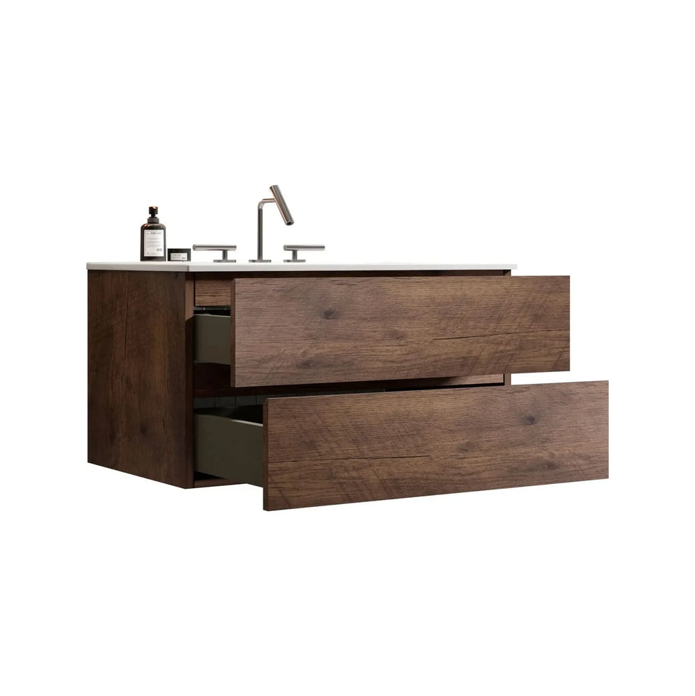 Wall Mount Bathroom Vanity Ceramic Sink Walnut Cabinet Storage Floating Media 2