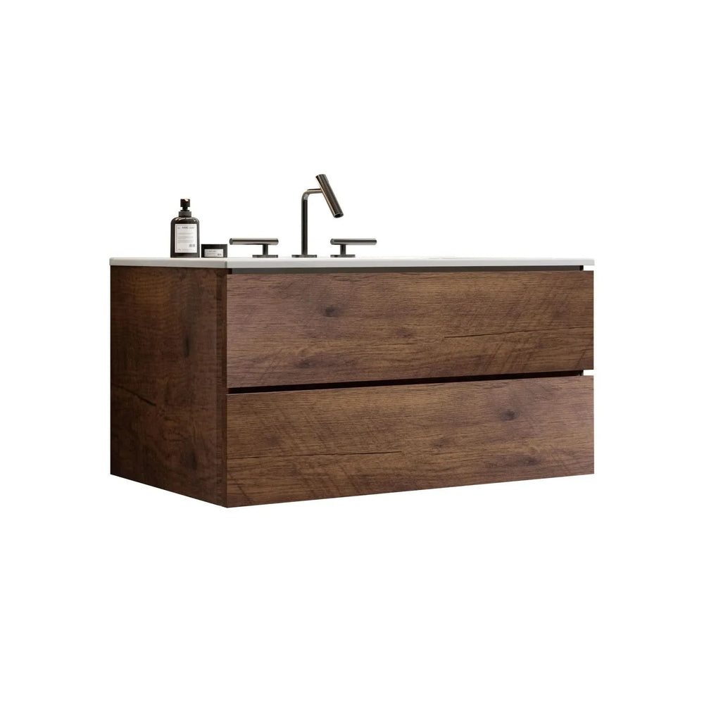 Wall Mount Bathroom Vanity Ceramic Sink Walnut Cabinet Storage Floating Media 4