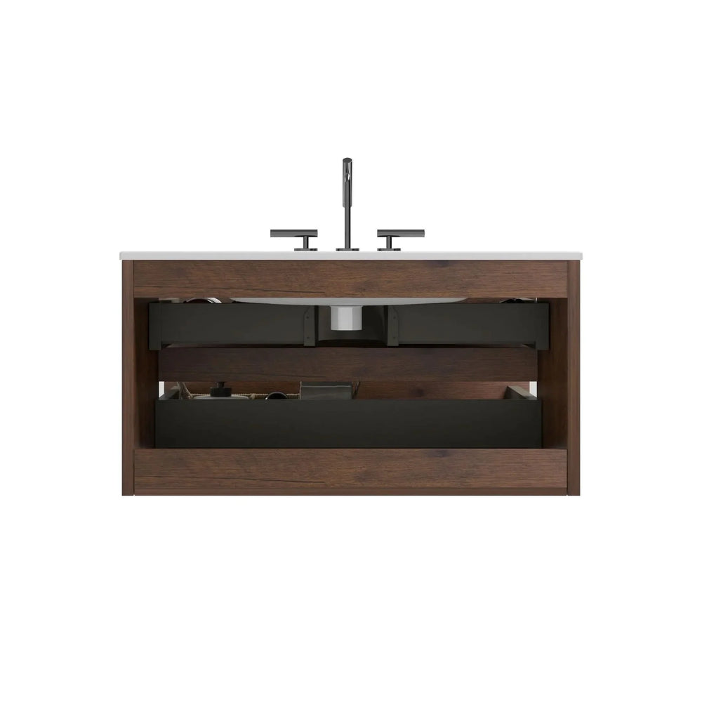 Wall Mount Bathroom Vanity Ceramic Sink Walnut Cabinet Storage Floating Media 5