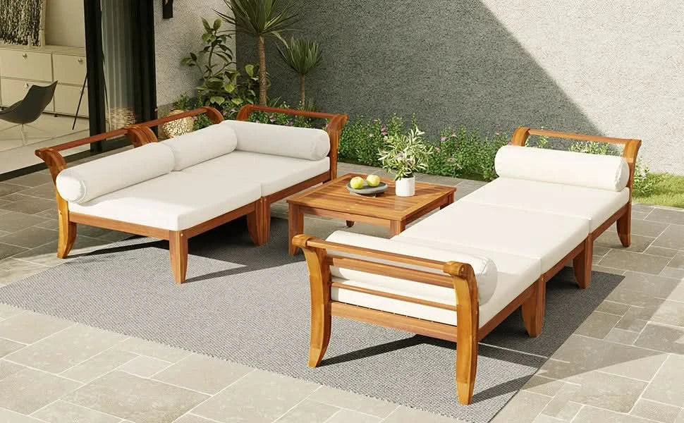 Acacia Wood Outdoor Sectional 6 Piece Convertible Casual Daybed Set Media 23