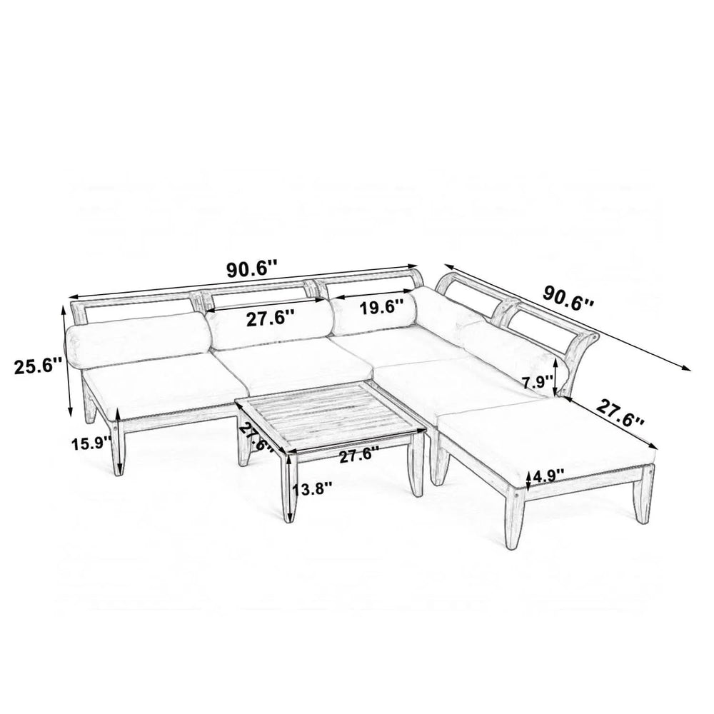 TOPMAX 6 Piece Patio Sofa Set, Acacia Wood Outdoor Modular Sectional Garden Furniture Set L-Shaped Conversation Set, Convertible Daybed with Tea Table, Ottoman, 5 Cushions and Pillows, Teak+Beige - DTY Store