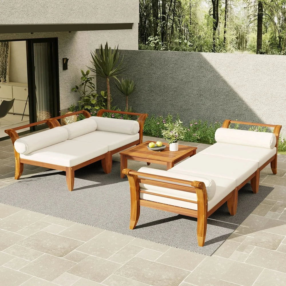 TOPMAX 6 Piece Patio Sofa Set, Acacia Wood Outdoor Modular Sectional Garden Furniture Set L-Shaped Conversation Set, Convertible Daybed with Tea Table, Ottoman, 5 Cushions and Pillows, Teak+Beige- DTY Store