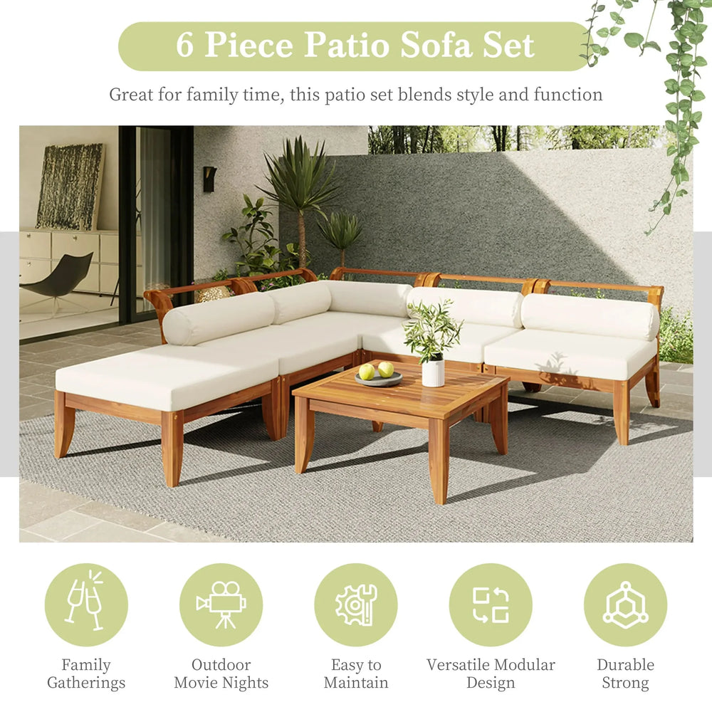 TOPMAX 6 Piece Patio Sofa Set, Acacia Wood Outdoor Modular Sectional Garden Furniture Set L-Shaped Conversation Set, Convertible Daybed with Tea Table, Ottoman, 5 Cushions and Pillows, Teak+Beige - DTY Store