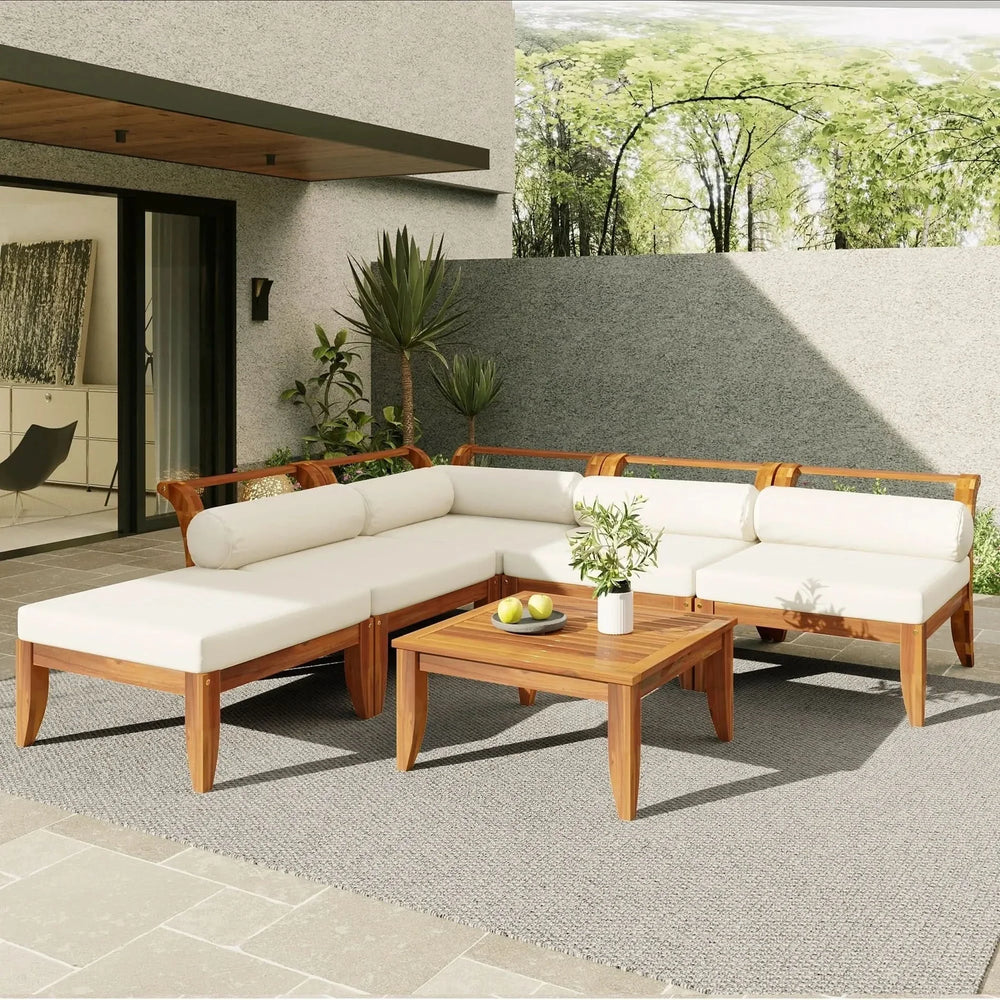 TOPMAX 6 Piece Patio Sofa Set, Acacia Wood Outdoor Modular Sectional Garden Furniture Set L-Shaped Conversation Set, Convertible Daybed with Tea Table, Ottoman, 5 Cushions and Pillows, Teak+Beige - DTY Store