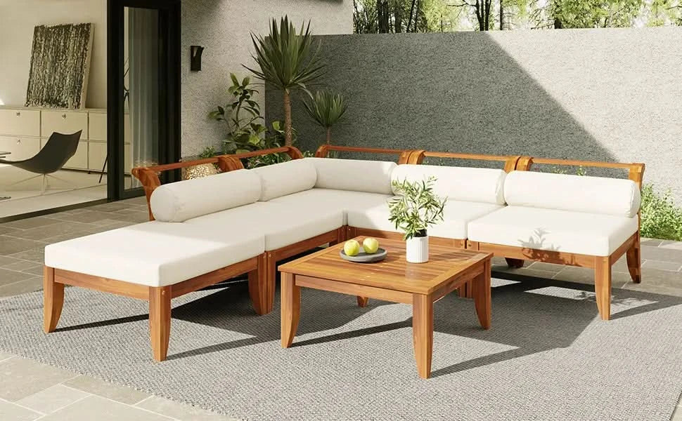 Acacia Wood Outdoor Sectional 6 Piece Convertible Casual Daybed Set Media 22