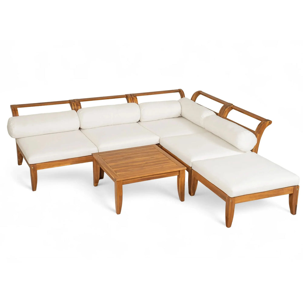 TOPMAX 6 Piece Patio Sofa Set, Acacia Wood Outdoor Modular Sectional Garden Furniture Set L-Shaped Conversation Set, Convertible Daybed with Tea Table, Ottoman, 5 Cushions and Pillows, Teak+Beige - DTY Store