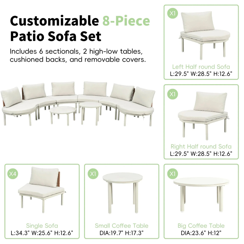 TOPMAX 8-Piece Patio Sofa Furniture Set, Half Moon Outdoor Sectional Sofa with 2 High-Low Coffee Tables, PE Wicker Rattan, Tempered Glass, 6 Pillows & Cushions, for Backyard, Garden, Poolside,Beige - DTY Store